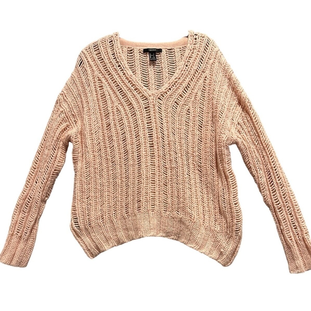 Peachy Open Knit V Neck Sweater Long Sleeve Women's Small Cozy Layer